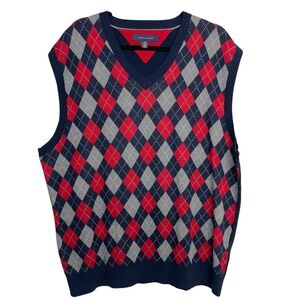 Tommy Hilfiger Mens XXL Argyle Sweater Vest Navy Blue Red Gray V-Neck Golf Knit